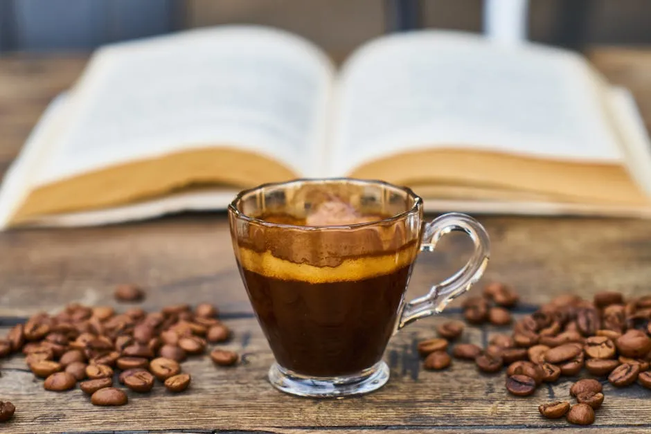 A cup of coffee sitting on a wooden table.